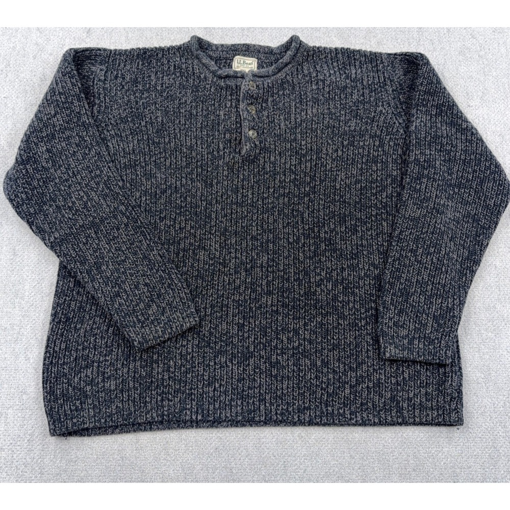 Vintage LL Bean Sweater Men Large Gray Henley Roll Neck Heather Cotton Rib